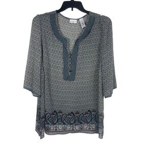 Liz Claiborne 3X Boho Peasant Sheer Blouse Blue White Paisley Border Tunic Top